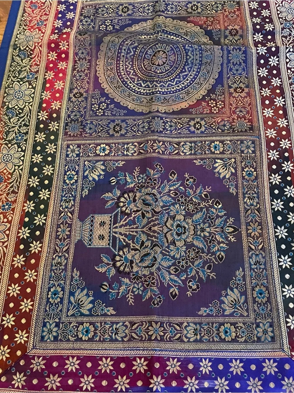 Indian Silk Brocade Table Runner 76x18 Mandalas Elephants Birds